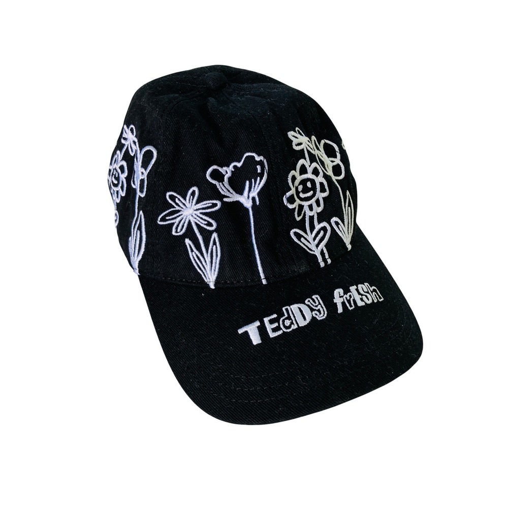 Teddy Fresh Baseball Cap Black White Floral Embroidery Cotton Adjustable - Picture 1 of 9